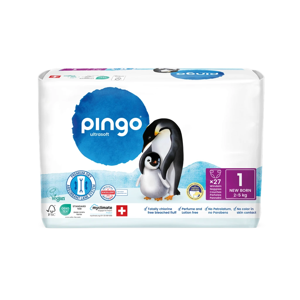 [0482-00] Nuevo - Pingo pañales ecológicos Talla 1 (2-5 Kg) - caja de 4 bolsas x 27 uds