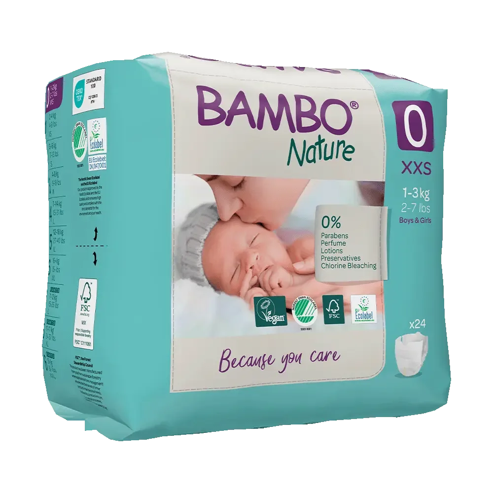 Bambo Nature Diapers Size 0 (1-3 kg) - box of 6 bags x 24 units