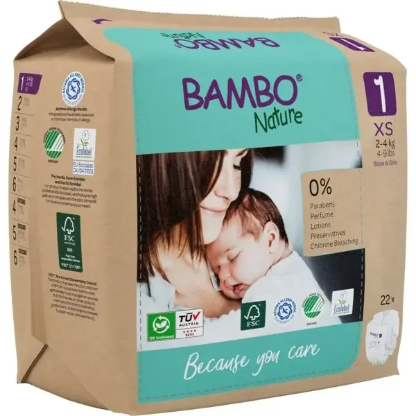 Bambo Nature Diapers Size 1 (2-4 kg) - box of 6 bags x 22 units