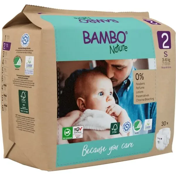 Bambo Nature Diapers Size 2 (3-6 kg) - box of 6 bags x 30 units