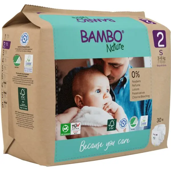 Bambo Nature Pañales Talla 2 (3–6 kg) - caja de 6 bolsas x 30 uds
