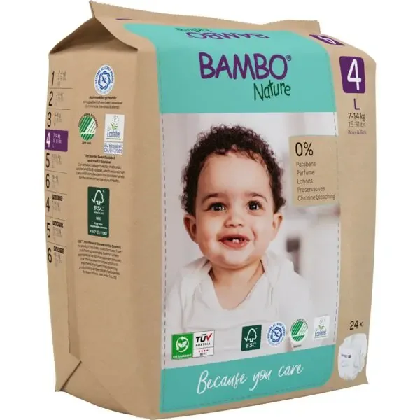 Bambo Nature Diapers Size 4 (7-14 kg) - box of 6 bags x 24 units